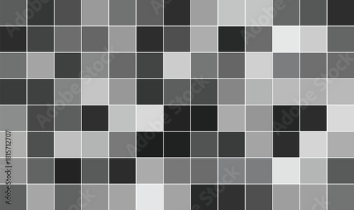 Abstract geometric background with a mosaic pattern of varying shades of grey, black, and white squares arranged in a grid, creating a modern and digital aesthetic