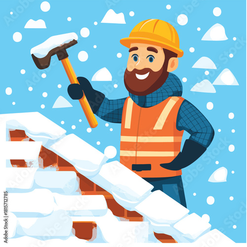 Illustration of a winter roofer holding a hammer and snowy tiles focusing on cold weather construction work , vector style simple color
