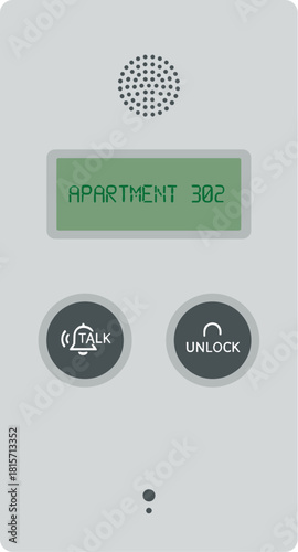Modern apartment intercom system with digital display and buttons.