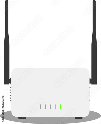 Modern white wireless Wi-Fi router with dual antennas isolated.