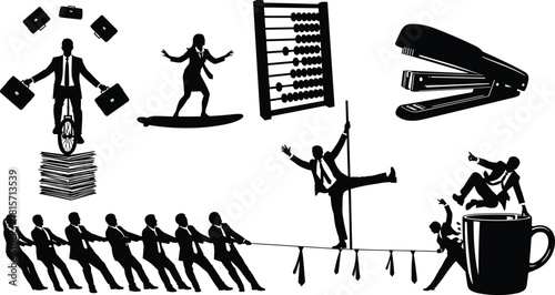 Business, metaphor, silhouette, teamwork, multitasking, stress, risk, balance, office, corporate, challenge, caffeine, conflict, unicycle, surfing, tightrope, abacus, stapler, illustration, concept