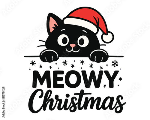 Cute cartoon kitten on a funny Christmas holiday card illustration