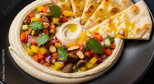 Creamy Hummus Served With Fresh Chopped Vegetables And Toasted Flatbread