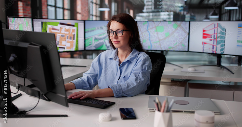 Fototapeta premium Young Woman Mastering GIS Software For Construction Inspection