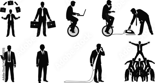 Business, silhouette, teamwork, multitasking, communication, leadership, stress, balance, technology, professionalism, support, concept, office, corporate, challenge, metaphor, illustration, unicycle