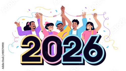 Celebrating New Year 2026: A vibrant group joyfully welcomes the dawn of 2026, showering confetti in a jubilant declaration of a new beginning.