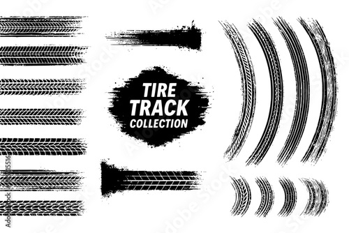 Tire tread marks, isolated wheel texture, tire marks - drift, rally, races, off-road, motocross. Vector isolated texture with grunge effect, splashes. Black monochrome tread prints. Vector graphic set