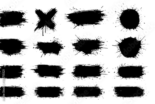 Paint brush stains, ink splashes, strokes and blots of different shapes for frame, banner, label, text box, clipping masks or other art design. Vector grunge texture isolated on white background.