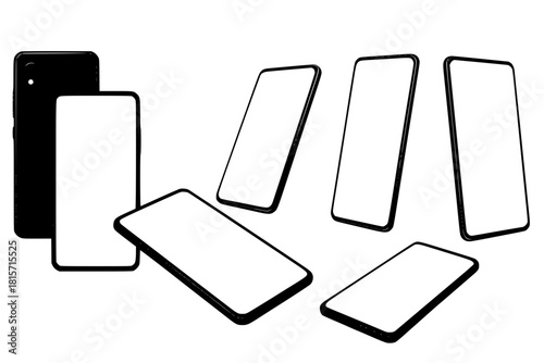 A collection of smartphones at different angles. Mobile phones isolated on white background, different sides of the Mockups. Smartphone generic device. 3D realistic gadgets. Rotated position. Vector