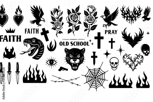 Old school tattoos, y2k, Neo tribal. Skull style butterfly, severed snake head, panther head, round web, swallows, roses, hearts, daggers, fire and more. Classic old school tattoos, Neo tribal, y2k.