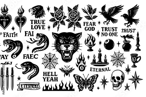 Old school tattoos, y2k, Neo tribal. Skull style butterfly, severed snake head, panther head, round web, swallows, roses, hearts, daggers, fire and more. Classic old school tattoos, Neo tribal, y2k.