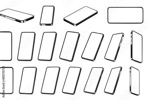 A collection of smartphones at different angles. Mobile phones isolated on white background, different sides of the Mockups. Smartphone generic device. 3D realistic gadgets. Rotated position. Vector
