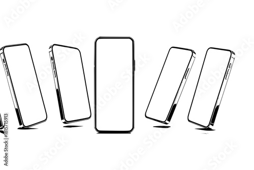 Different positions of mobile phones, left and right with a blank screen. 3D mockups of realistic frameless smartphones in different perspective angles. 3D cellphone template - vector collection