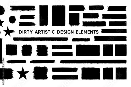 Geometric shapes with a grunge and halftone twist, featuring circles, rectangles, squares, stars with splatter effects and rough edges. Perfect for text callouts, template stickers. Vector graphic