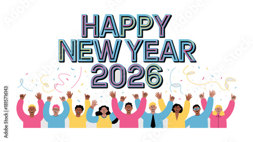 New Year Cheer and Optimism: A vibrant illustration showcasing the commencement of the new year, filled with diverse individuals celebrating hope. A visual celebration of optimism and resolutions.