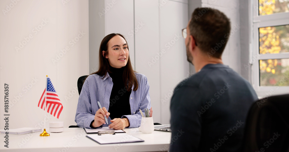 Obraz premium Embassy Interview: Young Man And Woman Meet