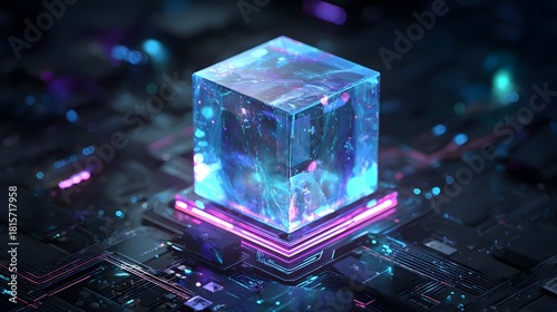 Glowing crystalline geometric shape rests upon an illuminated electronic platform