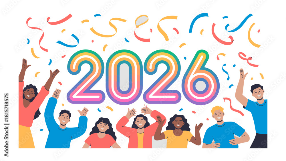 Naklejka premium New Year Celebration 2026: A group of individuals exuberantly celebrate the arrival of the year 2026 with a vibrant display of confetti and collective joy and optimism.