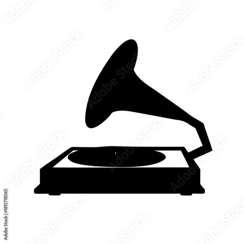 Black silhouette of an antique gramophone playing records with a vintage feel
