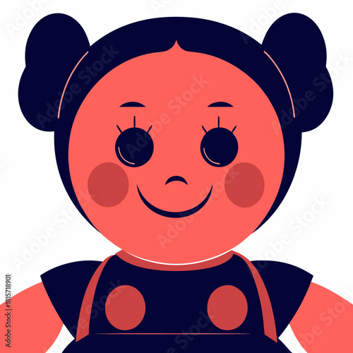 Smiling cartoon doll illustration with hair buns and rosy cheeks