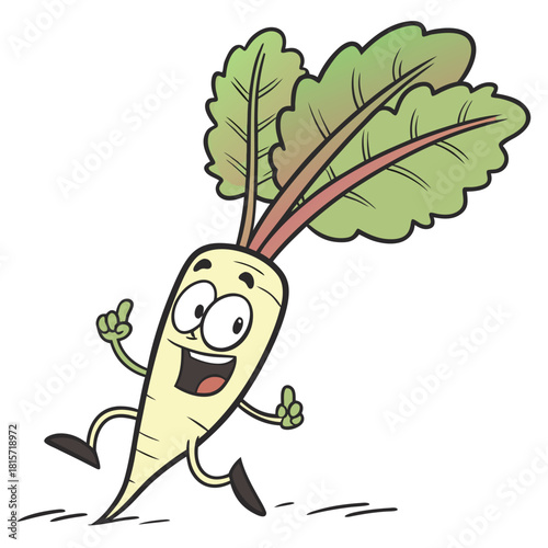 Running cartoon radish character with a cheerful expression