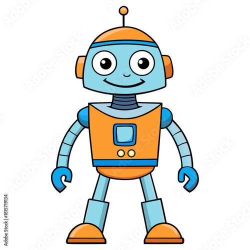Happy blue and orange cartoon robot character on white background