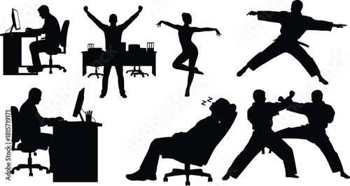 Silhouette, activity, posture, business, ballet, martial arts, sleep, computer, desk, gesture, celebration, combat, black, white, illustration, concept, figure, profile, motion, lifestyle