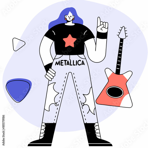 Cool female rocker with guitar and iconic rock music gesture