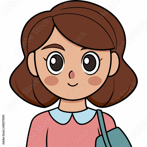 Cheerful cartoon girl with brown bob hair and a blue shoulder bag