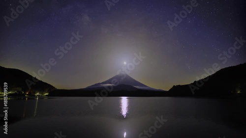 The Milky Way Beyond the Moon Rising Above Snow-Capped Mt. Fuji from Lake Shojiko – Moonlit Timelapse – Black Crush Fixed, Noise Reduced – 4K HDR Astrophotography Japan