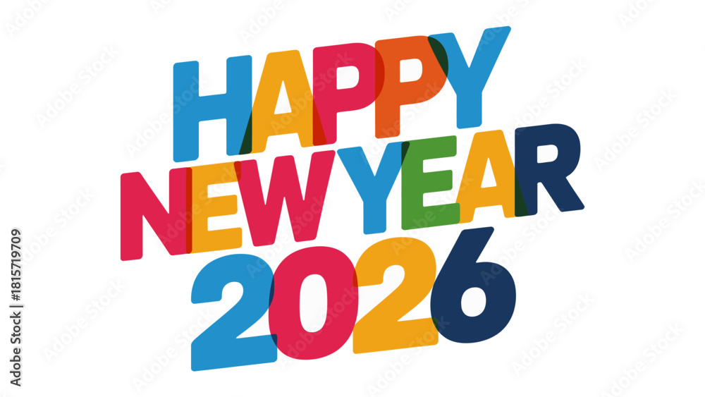 Naklejka premium Festive New Year 2026: Vibrant and colorful text design that captures the spirit of the upcoming year, perfect for holiday greetings and celebrations.