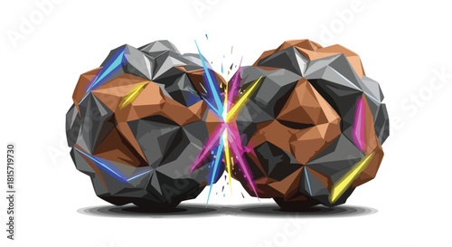 A dynamic collision of two abstract polygonal spheres, one bronze and one dark grey, generates a vibrant burst of colorful light, symbolizing powerful interaction.