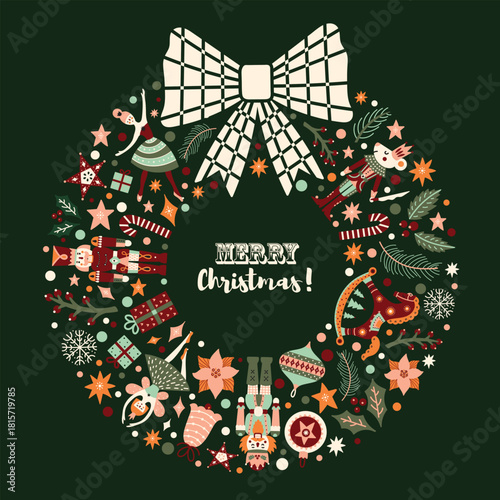 Christmas wreath with a bow. Ballet Nutcracker. Vector template. Retro design.