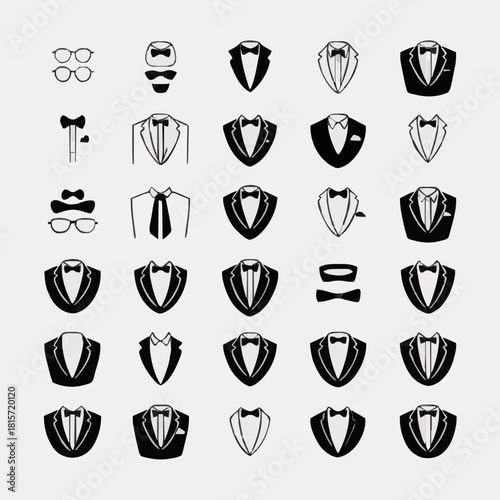 Men's Formal Attire Icons: Tuxedos, Ties, Bow Ties & Glasses Set