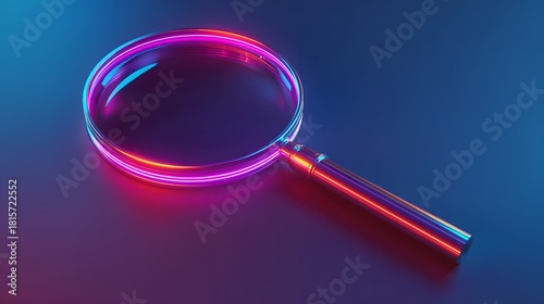 Illuminated magnifying glass rests on a dark surface with vibrant neon glow