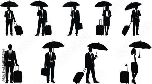 Silhouette, business, travel, umbrella, suitcase, professional, posture, standing, attire, mobility, weather, corporate, black, white, illustration, concept, figure, commuter, luggage, formal