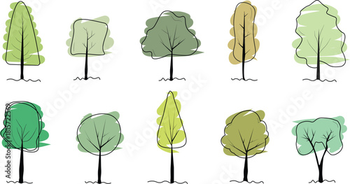 Stylised Hand-Drawn Tree Icon Set – Green Foliage Vector Pack - artistic watercolor trees for doodle journal, landscape architecture, environmental design, ecology presentations