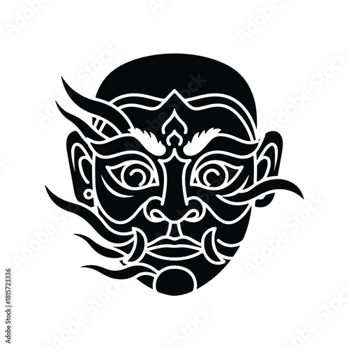 Stylized black and white illustration of a fierce mythological creature mask, depicting a powerful and dramatic ancient guardian face with intricate graphic details and an intimidating expression