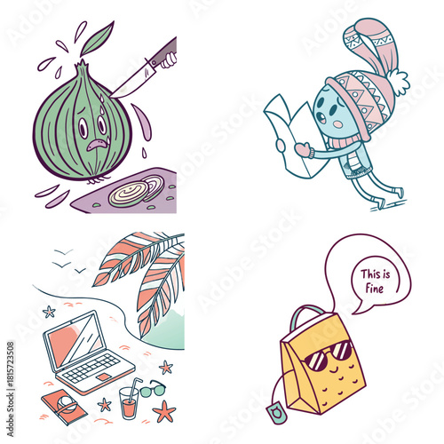 Sad onion being chopped, ice skating character, beach laptop scene, cool tea bag crying chopping