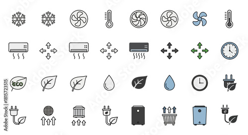 Collection of air conditioning and climate control icons representing temperature, fan, eco mode, and power symbols
