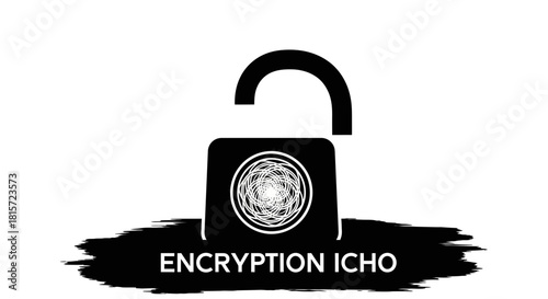 Black and white icon of an open padlock with a circular abstract design inside, isolated on