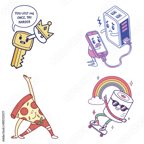 Cartoon key with crown, phone charging, pizza doing yoga, sushi on skateboard lost try harder