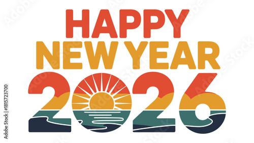 A Retro Sunrise Wishes: A vibrant New Year's greeting for 2026, where the sun rises over the horizon as a promise of a fresh start.