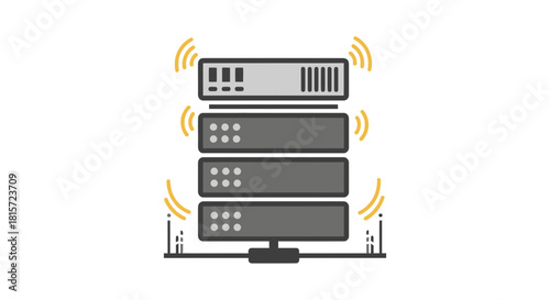 Illustration of a server rack with wireless signal icons representing data transmission and network connectivity isolated on