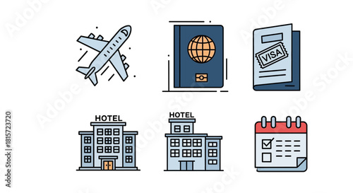 Set of travel and vacation icons including airplane, passport, visa, hotel building, and calendar isolated on