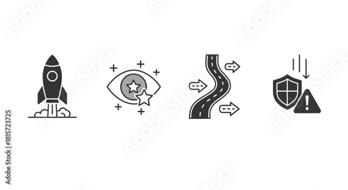 Set of four dark gray line icons representing startup, vision, roadmap, and risk protection isolated on