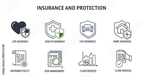 Set of insurance and protection icons including life, health, car, home, policy, risk management, and claim services isolated on