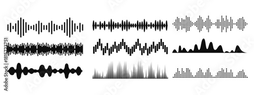 
Podcast sound waves, audio spectrum waveforms, music or voice digital track vector line soundwaves. digital equalizer patterns in a simple black and white line style.  