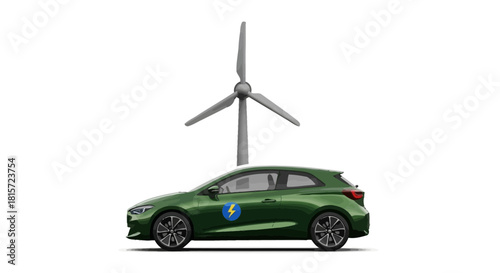 Green electric car charging powered by wind turbine energy, isolated on