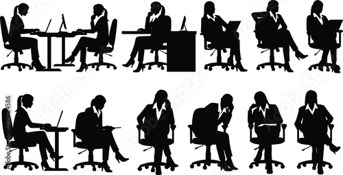 Silhouette, businesswoman, seated, posture, gesture, laptop, writing, reading, thinking, desk, office, professional, black, white, illustration, concept, figure, workplace, activity